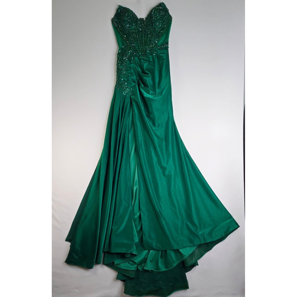 Emerald Green Beaded Corset Evening Gown Sweetheart High Slit Prom Dress